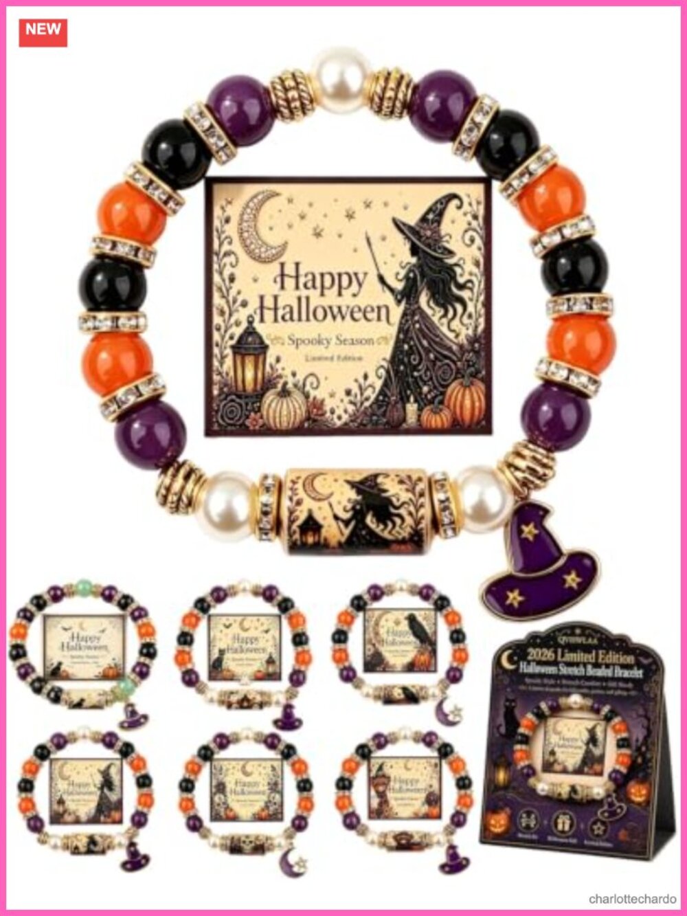 Halloween Black Cat Pumpkin Beaded Bracelet Set 6 Stretch Bracelets